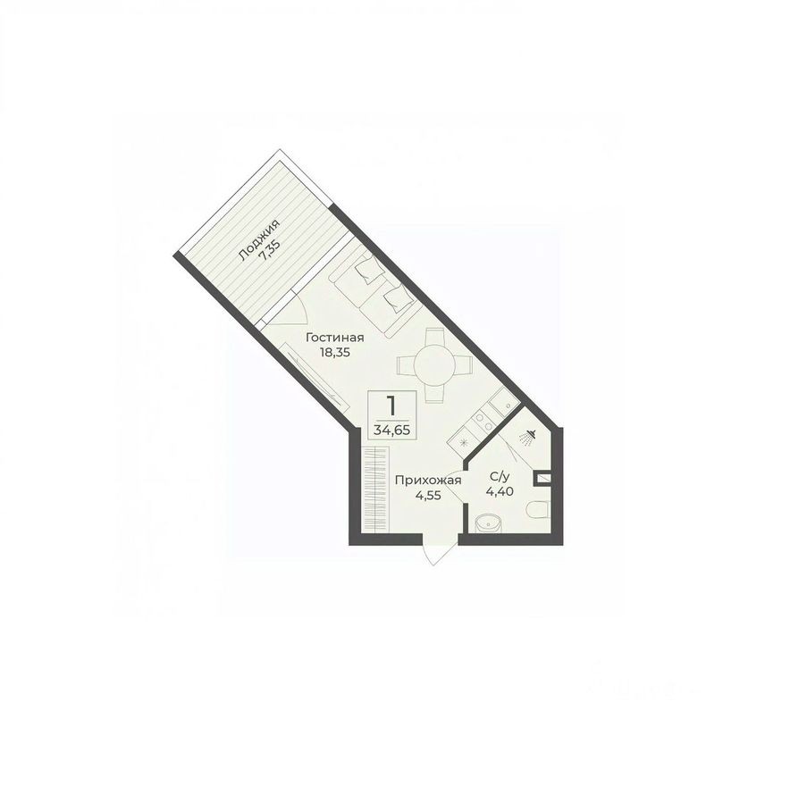 Студия-апартаменты, 34.7 м²