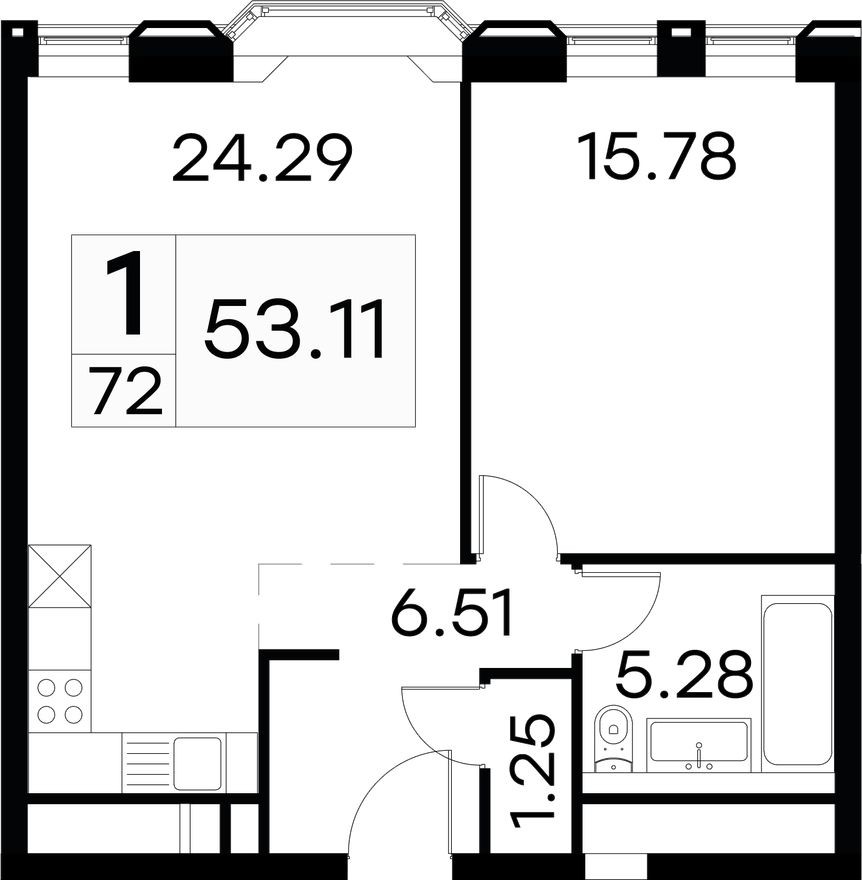 1к. апартаменты, 52.6 м²