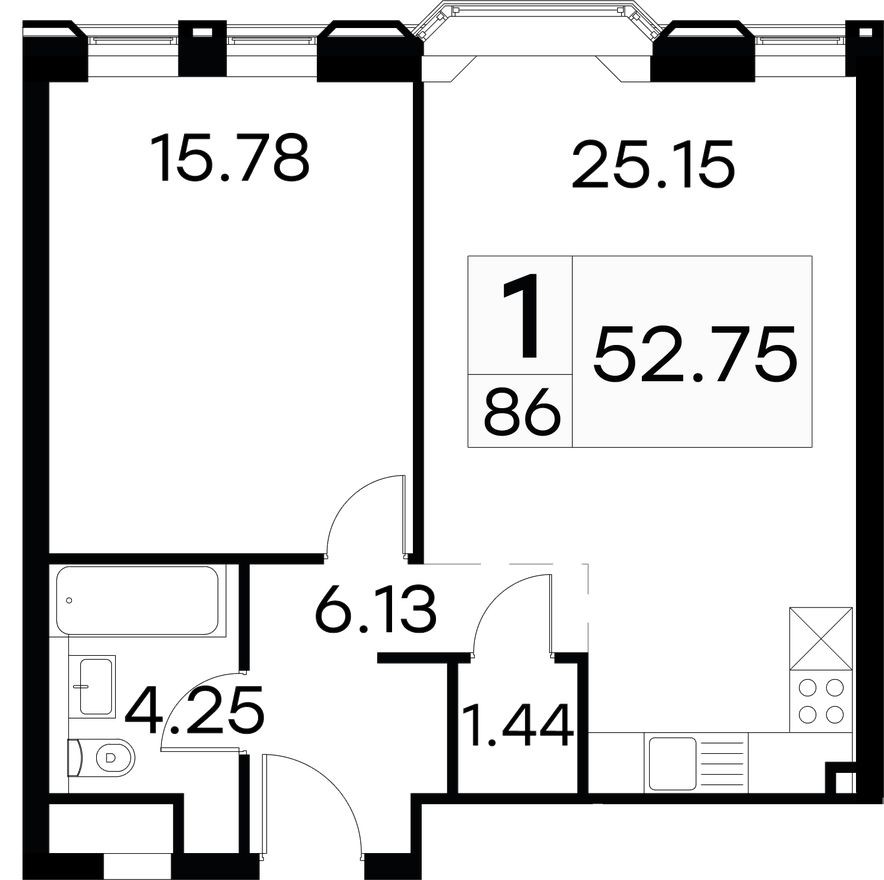 1к. апартаменты, 52.9 м²