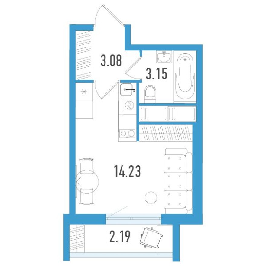 Студия-квартира, 21.1 м²