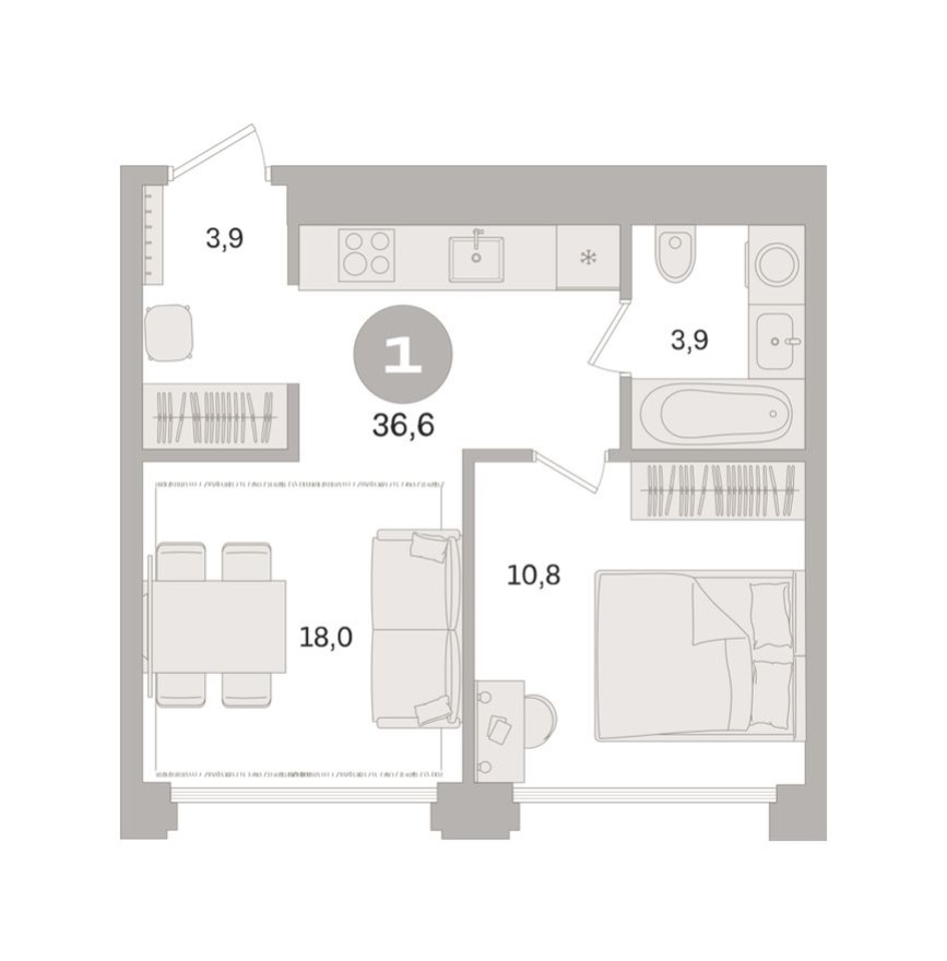 1к. квартира, 36.6 м²