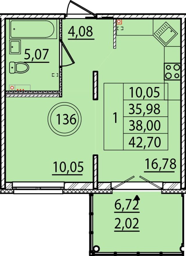 1к. квартира, 36.0 м²