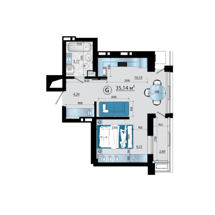 2к. квартира, 35.1 м²