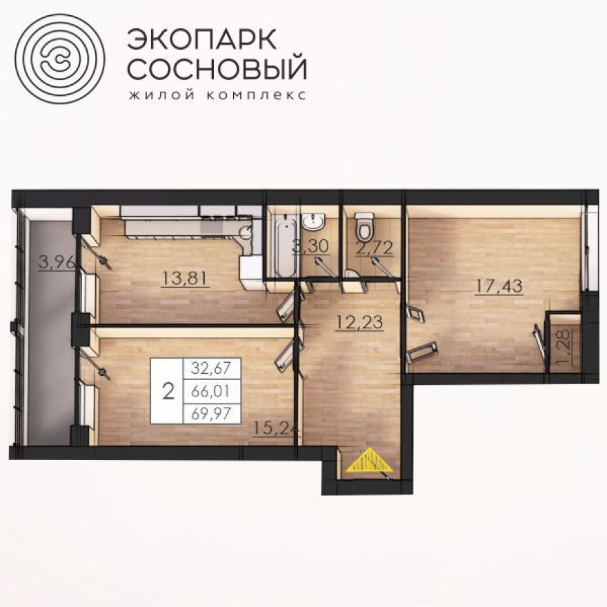 2к. квартира, 65.8 м²