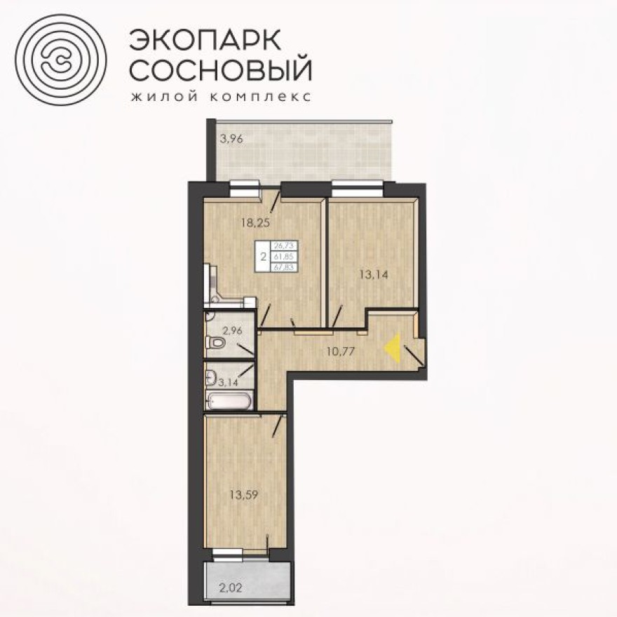 2к. квартира, 61.7 м²