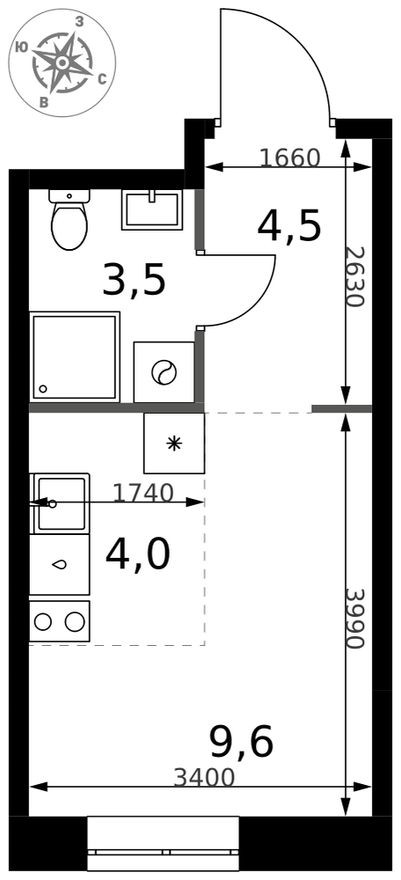 Студия-квартира, 21.6 м²