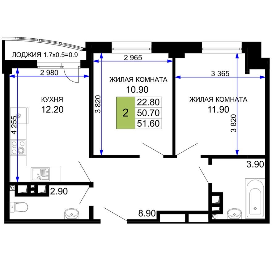 2к. квартира, 51.6 м²