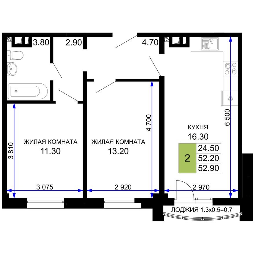 2к. квартира, 52.9 м²