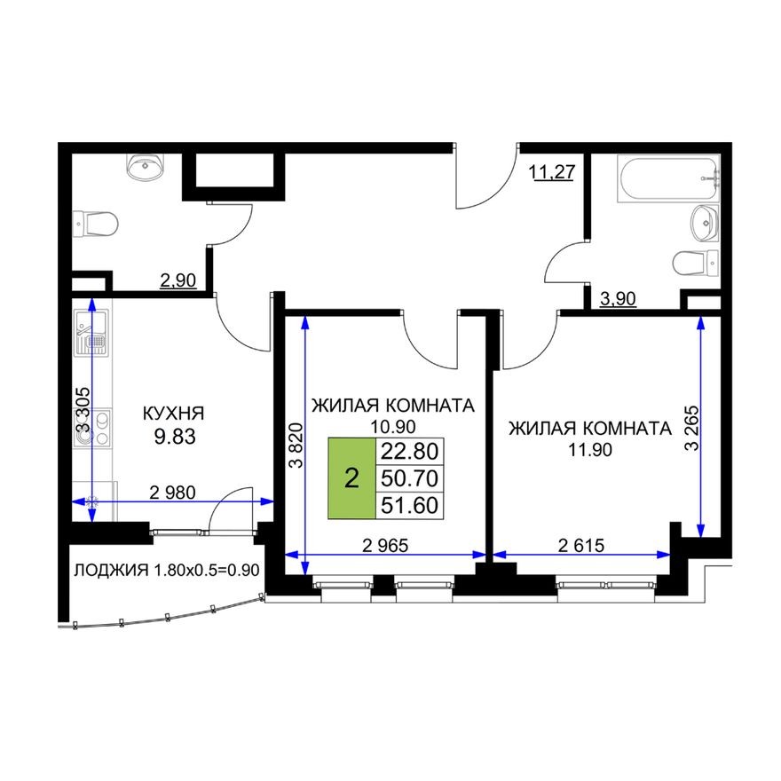 2к. квартира, 51.6 м²