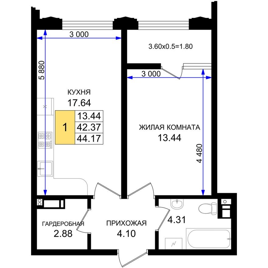 1к. квартира, 44.2 м²