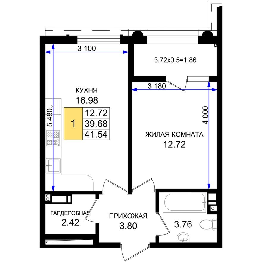 1к. квартира, 41.5 м²