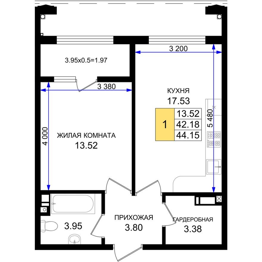 1к. квартира, 44.2 м²