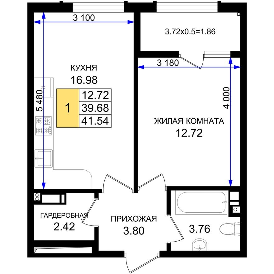 1к. квартира, 41.5 м²