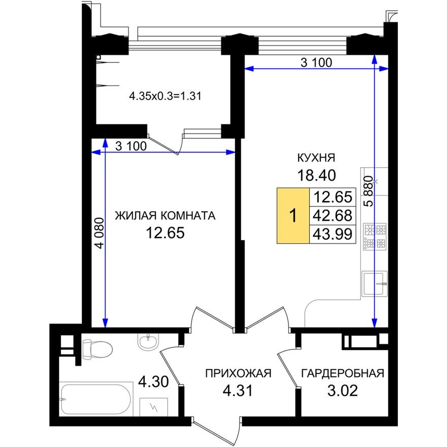 1к. квартира, 44.0 м²