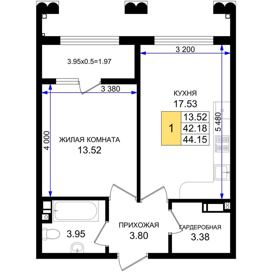 1к. квартира, 44.2 м²