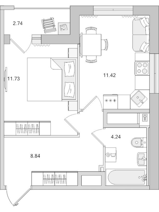 1к. квартира, 39.0 м²