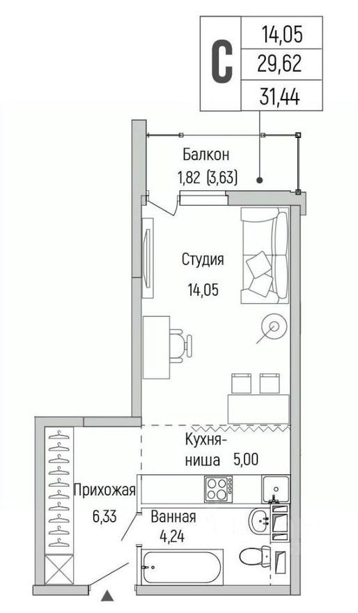 1к. квартира, 31.4 м²