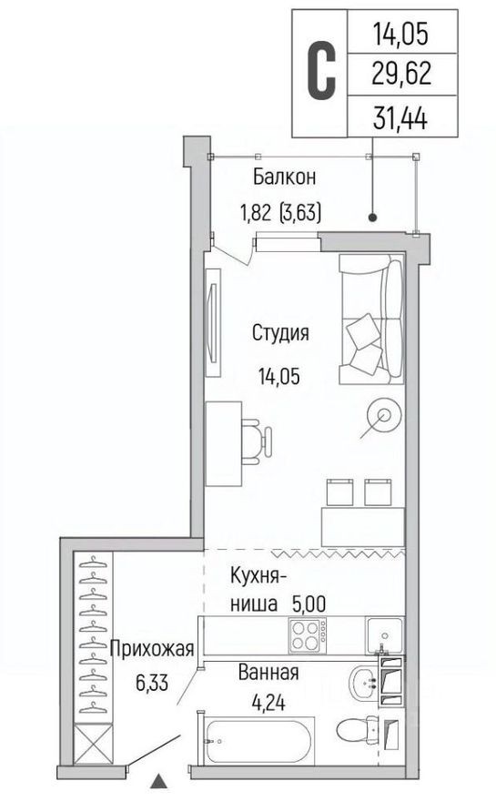 1к. квартира, 31.4 м²