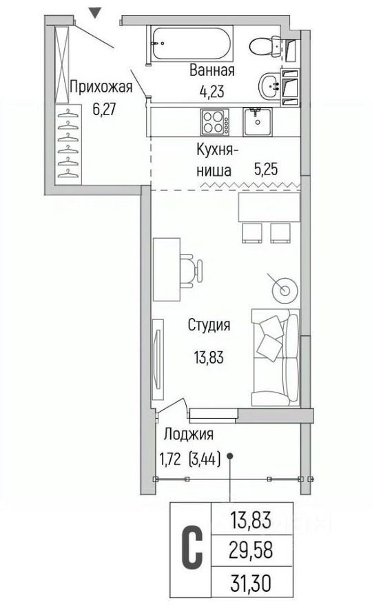 1к. квартира, 31.3 м²