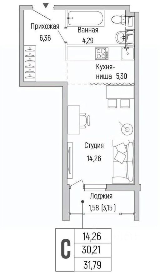1к. квартира, 31.8 м²