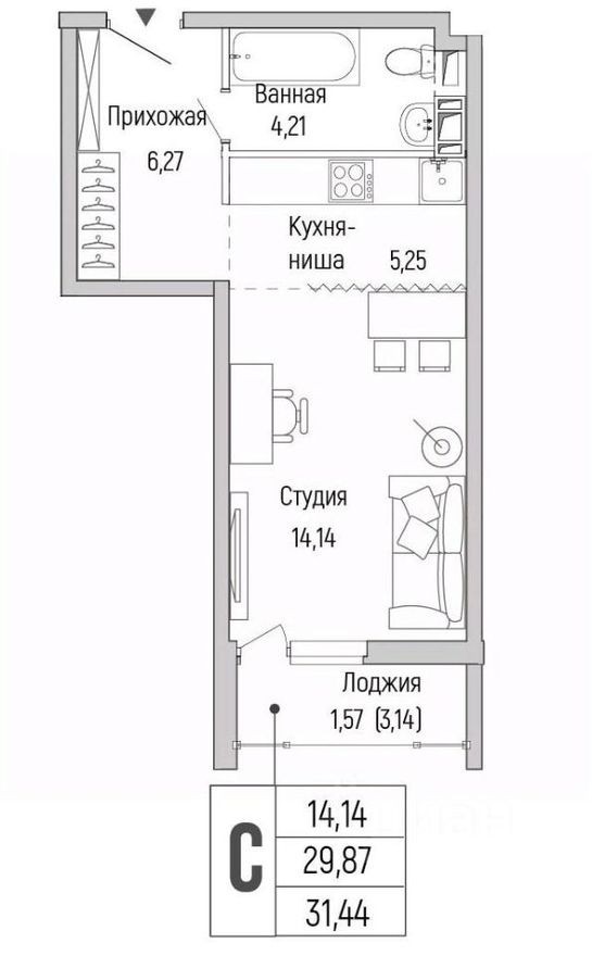 1к. квартира, 31.4 м²