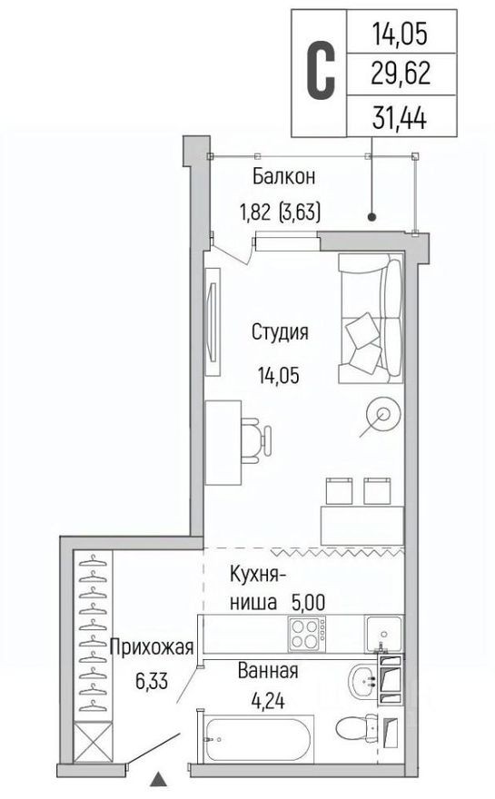 1к. квартира, 31.4 м²