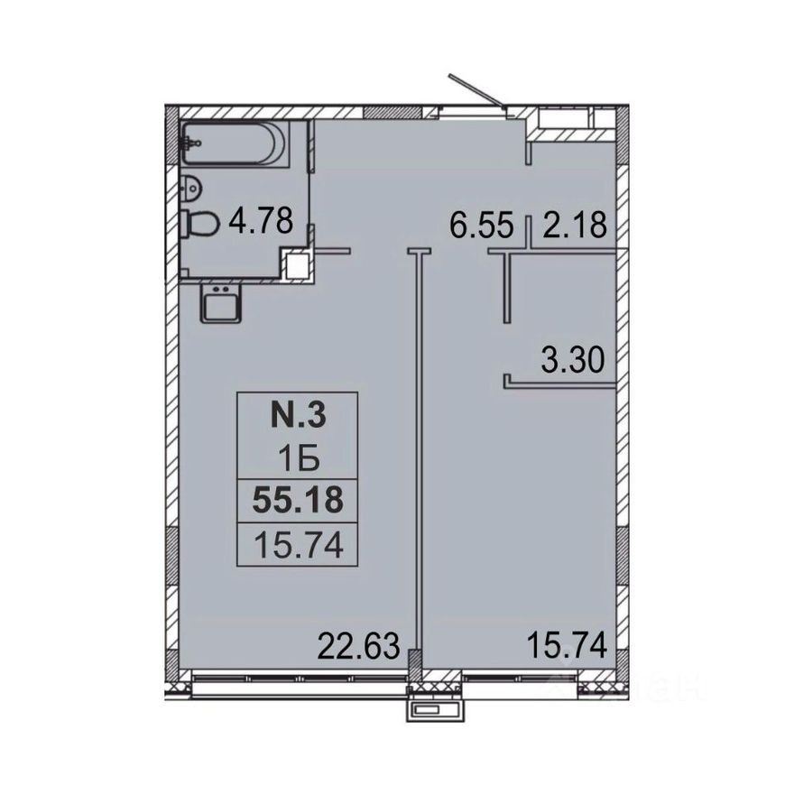 1к. квартира, 55.0 м²