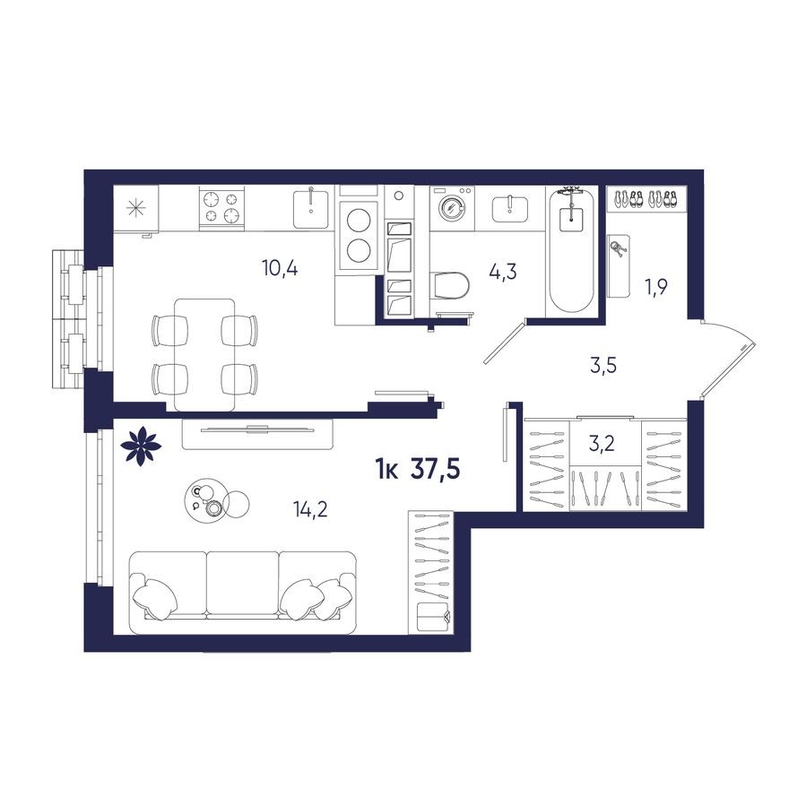 1к. квартира, 37.5 м²