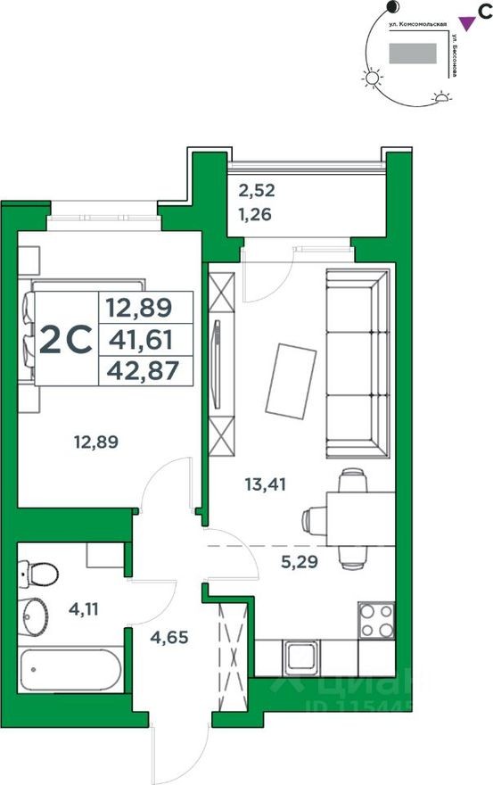 1к. квартира, 41.6 м²