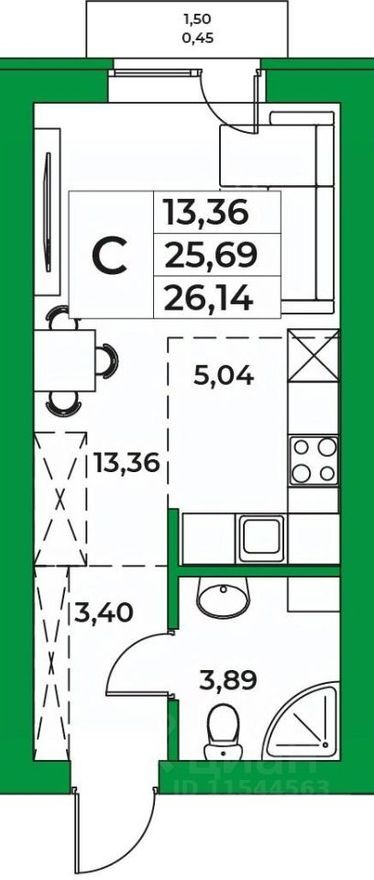 1к. квартира, 26.1 м²