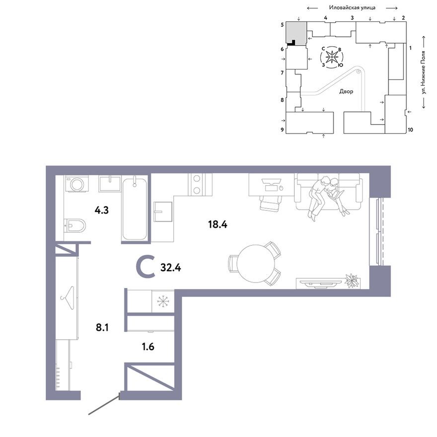 Студия-квартира, 32.4 м²