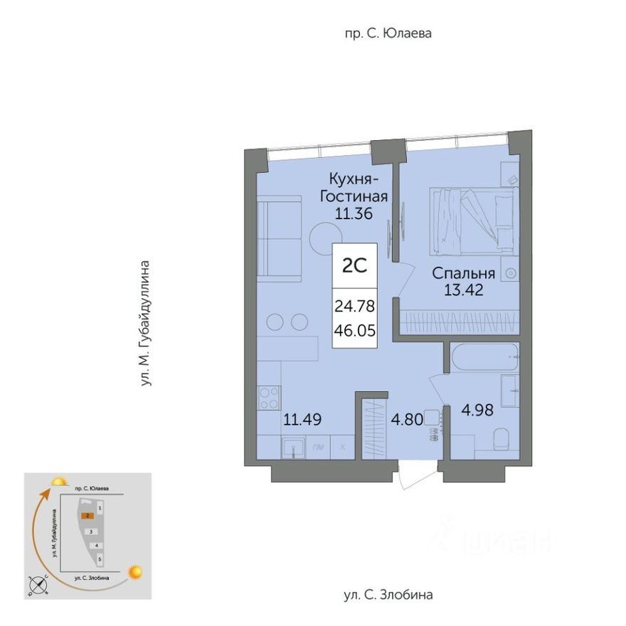 2к. квартира, 46.1 м²