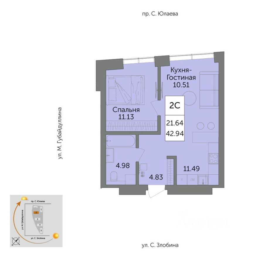 2к. квартира, 42.9 м²