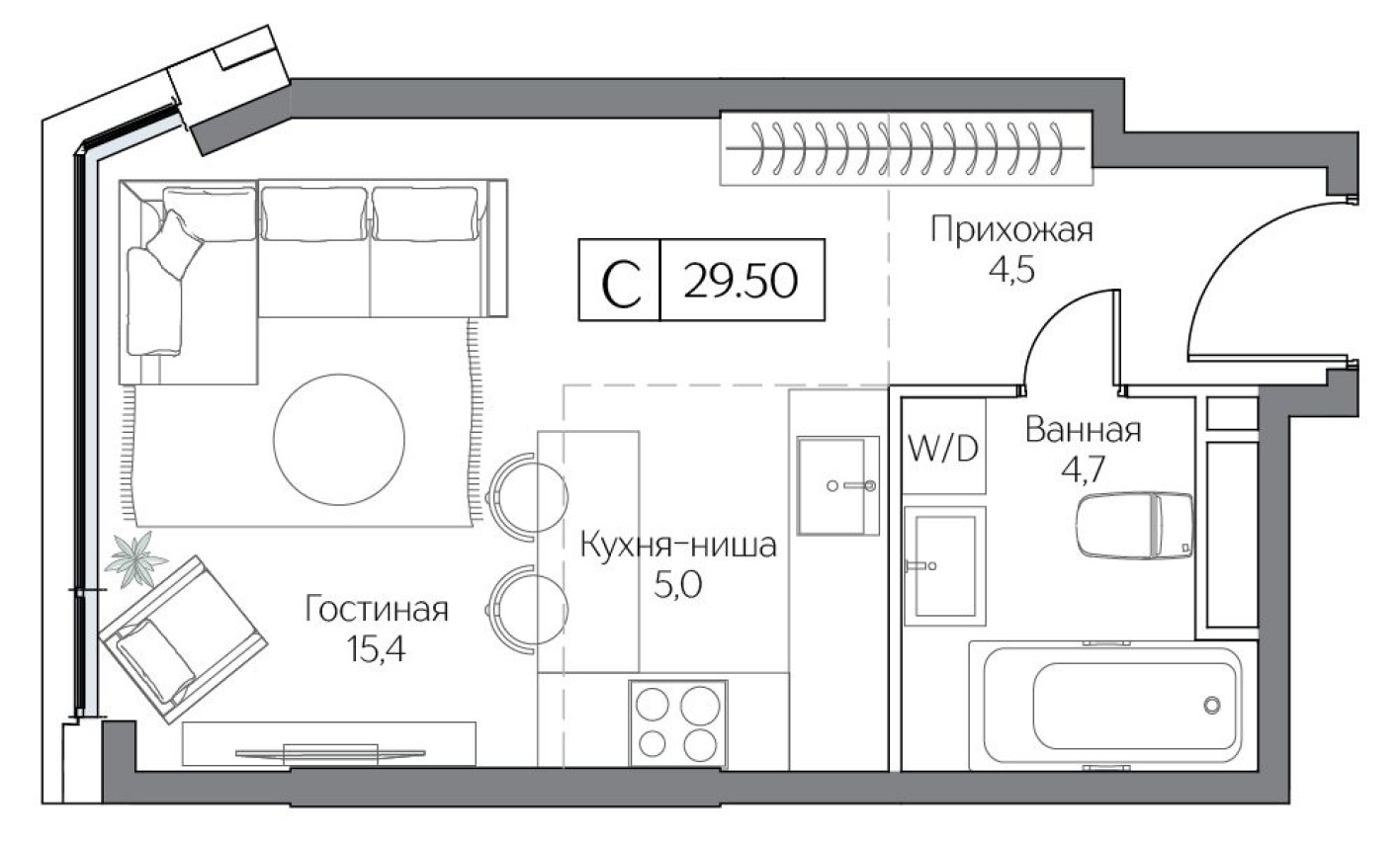 Студия-квартира, 29.0 м²