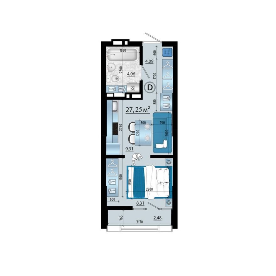 Студия-квартира, 27.3 м²