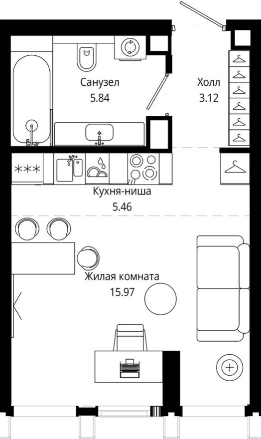 Студия-квартира, 30.4 м²