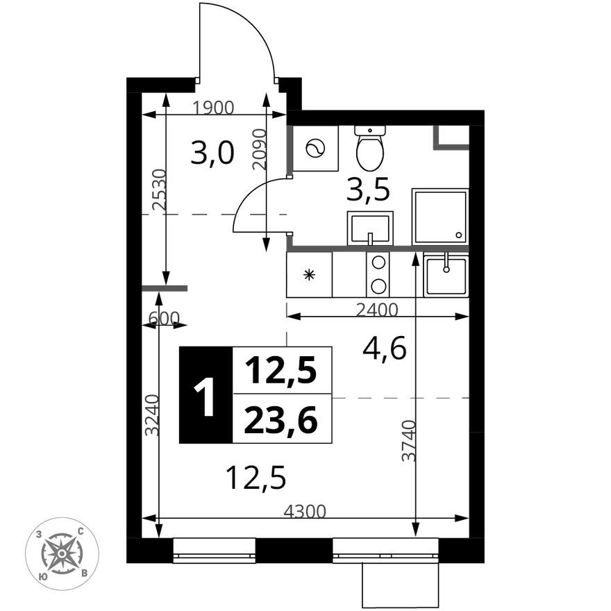 Студия-квартира, 23.6 м²