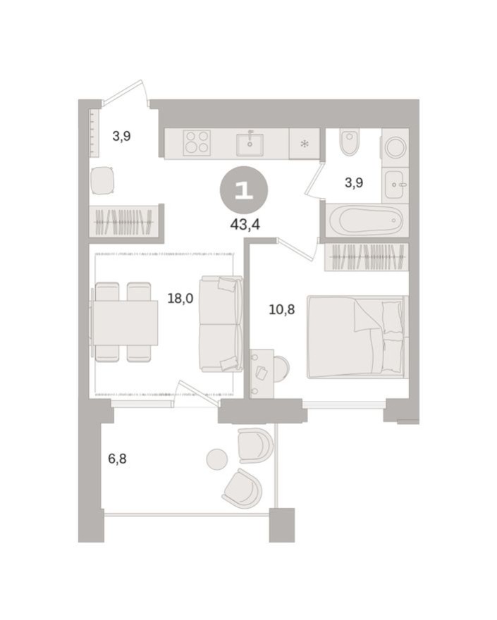 1к. квартира, 43.4 м²