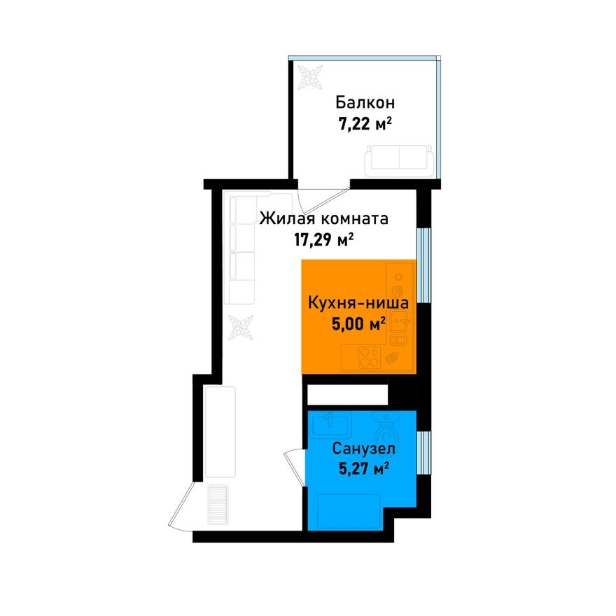 Студия-квартира, 35.1 м²