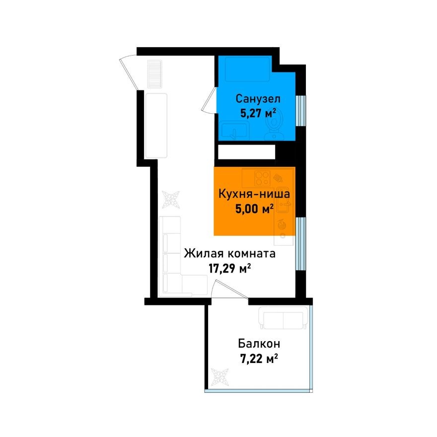 Студия-квартира, 35.1 м²