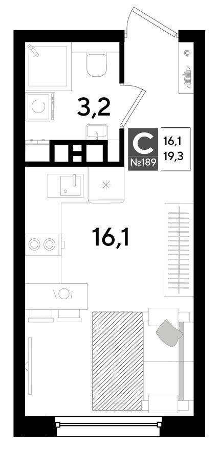 Студия-квартира, 19.3 м²