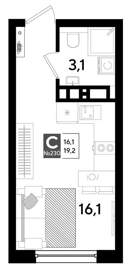 Студия-квартира, 19.2 м²