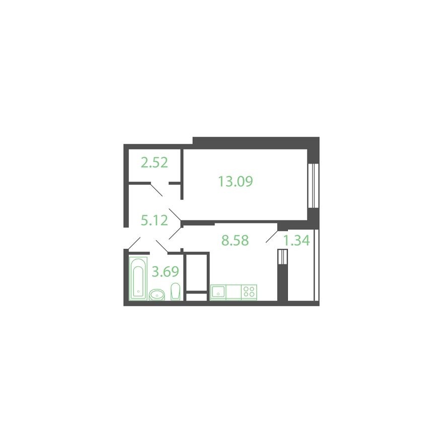 1к. квартира, 35.7 м²