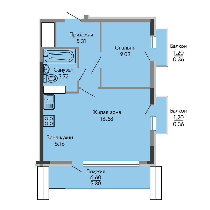2к. квартира, 43.8 м²