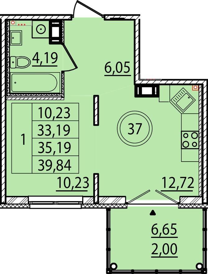 1к. квартира, 33.2 м²