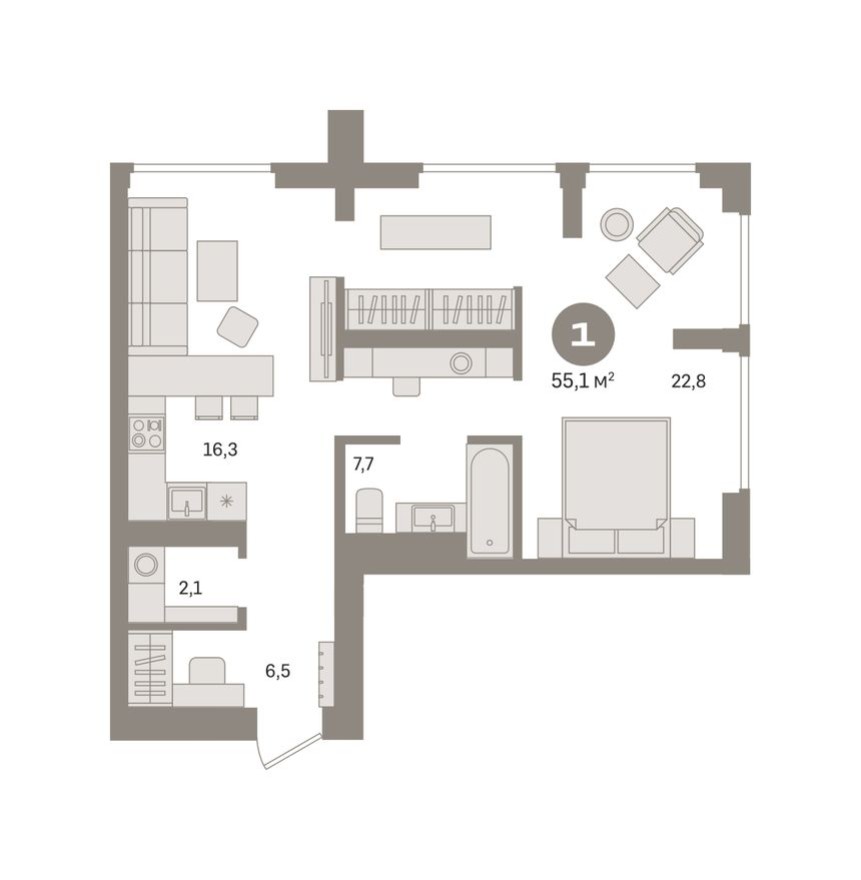 1к. квартира, 55.8 м²
