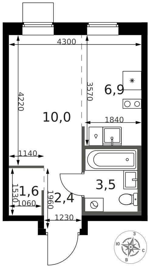 Студия-квартира, 25.1 м²