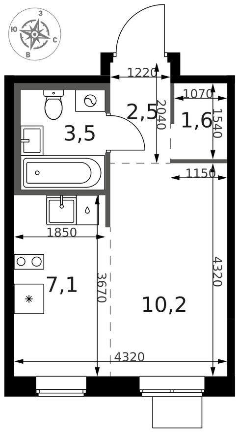 Студия-квартира, 25.5 м²