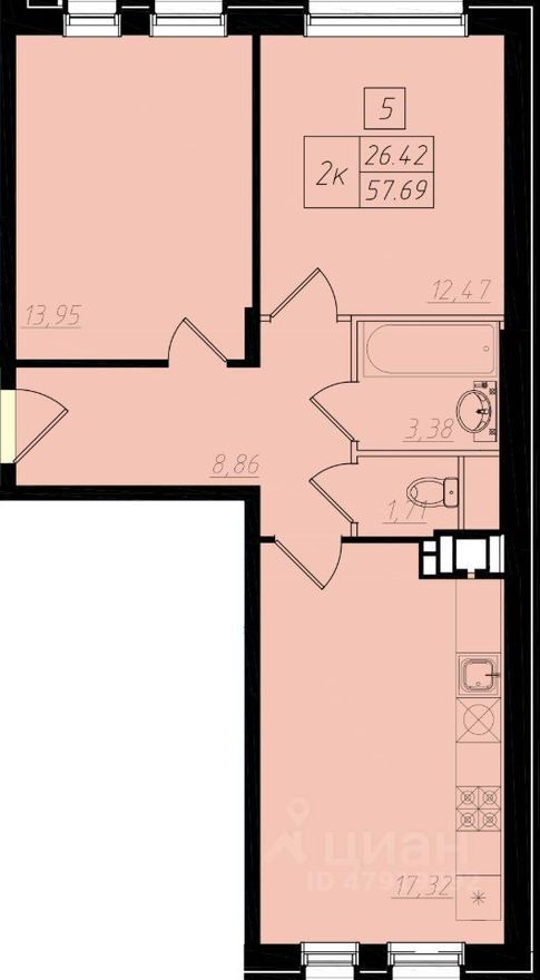 2к. квартира, 57.8 м²