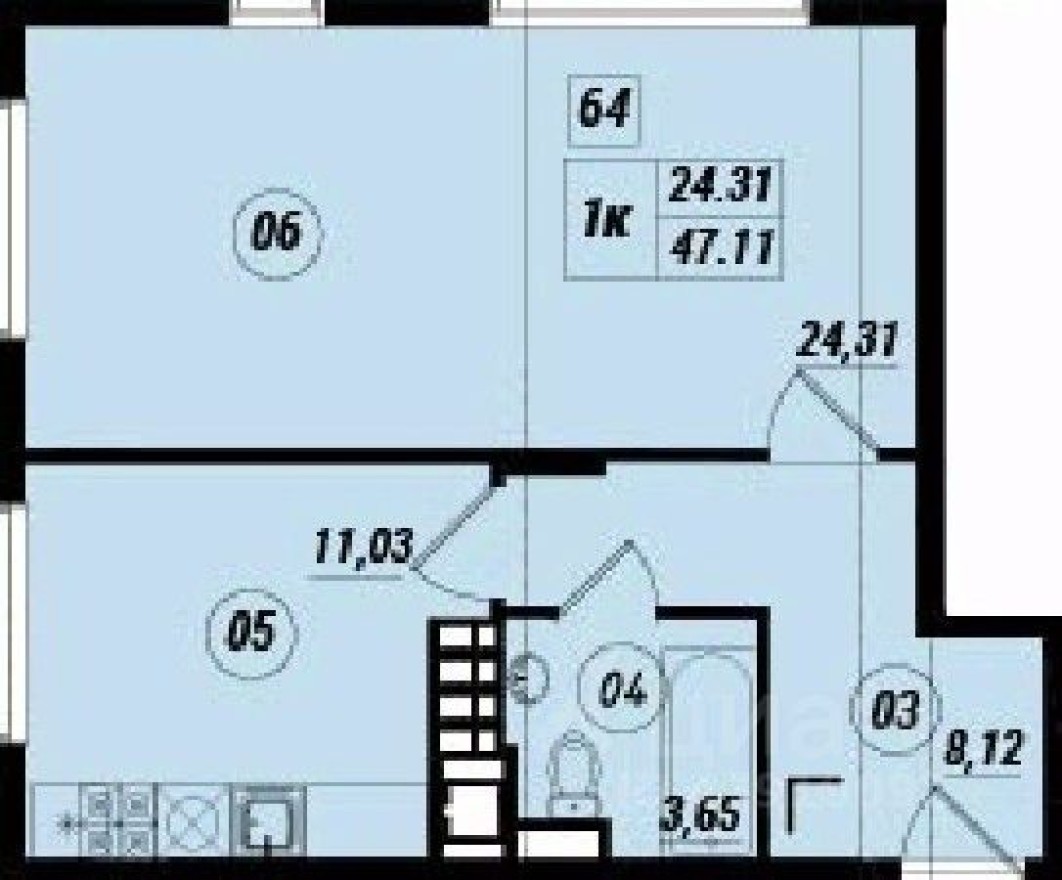 2к. квартира, 53.4 м²